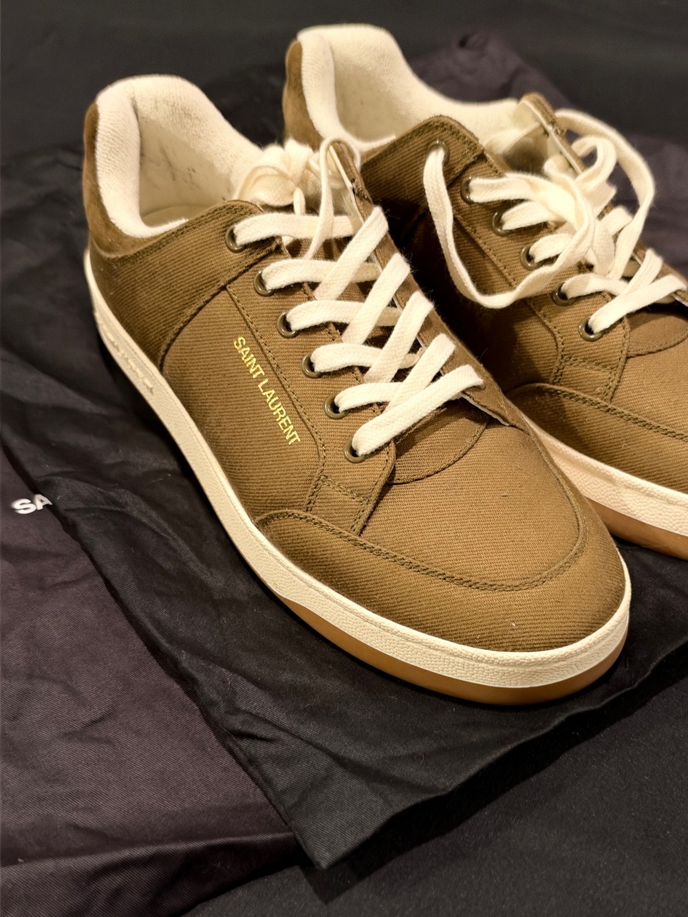 Saint Laurent Olive Brown Canvas Low-Top Sneakers with Cream Accents